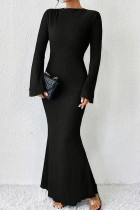 Черные элегантные однотонные лоскутные платья-русалка с круглым вырезом и раструбом