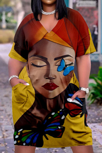 Yellow Red Casual Print Patchwork V Neck Printed Dress Dresses