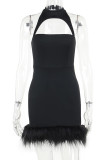 Zwarte sexy effen uitgeholde patchworkbont O-hals schede-jurken