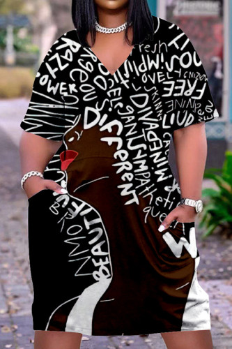 White Black Casual Print Patchwork V Neck Printed Dress Dresses