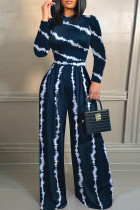 Blue White Street Print Patchwork O Neck Loose Wide Leg Jumpsuits