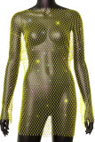 Флуоресцентные зеленые сексуальные однотонные выдолбленные лоскутные прямые платья с круглым вырезом и круглым вырезом