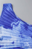 Lac Bleu Sexy Élégant Imprimé Patchwork Pli Asymétrique Oblique Col Robe Irrégulière Robes