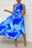 Deep Blue Sexy Elegant Print Patchwork Fold Asymmetrical Oblique Collar Irregular Dress Dresses