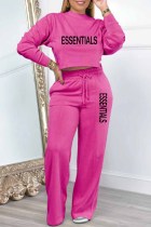 Rose Red Casual Print Letter Tracksuits O Neck Long Sleeve Two Pieces Crop Tops And Wide Leg Pant Sets