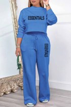 Blue Casual Print Letter Tracksuits O Neck Long Sleeve Two Pieces Crop Tops And Wide Leg Pant Sets