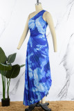 Vestido irregular de cuello oblicuo asimétrico con pliegues de retazos con estampado elegante y sexy azul profundo Vestidos