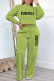Brown Casual Print Letter Tracksuits O Neck Long Sleeve Two Pieces Crop Tops And Wide Leg Pant Sets