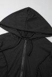 Colarinho preto casual patchwork sólido com capuz manga longa duas peças