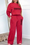 Brown Casual Print Letter Tracksuits O Neck Long Sleeve Two Pieces Crop Tops And Wide Leg Pant Sets
