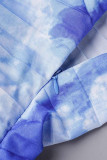 Diepblauwe sexy elegante print patchwork vouw asymmetrische schuine kraag onregelmatige jurkjurken