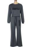 Green Casual Print Letter Tracksuits O Neck Long Sleeve Two Pieces Crop Tops And Wide Leg Pant Sets