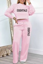 Pink Casual Print Letter Tracksuits O Neck Long Sleeve Two Pieces Crop Tops And Wide Leg Pant Sets