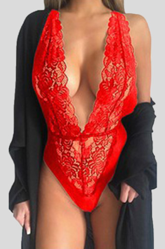 Röda Sexiga Solid Lace Patchwork Underkläder