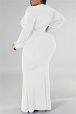 Vestidos casuais brancos de retalhos sólidos decote em v manga longa plus size