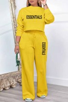 Yellow Casual Print Letter Tracksuits O Neck Long Sleeve Two Pieces Crop Tops And Wide Leg Pant Sets