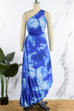 Bleu profond Sexy élégant imprimé patchwork pli asymétrique col oblique robes de robe irrégulière