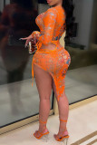Оранжевая сексуальная повязка с принтом, выдолбленная в стиле пэчворк, с круглым вырезом, с длинным рукавом, две части