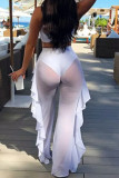 Branco sexy sólido retalhos malha transparente ourela solta cintura alta perna larga cor sólida bottoms