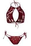 Burgundy Sexy Solid Lace Bandage Patchwork(Three Pieces)