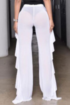 Blanco Sexy parches lisos malla transparente orillo fibroso suelto cintura alta pierna ancha pantalones de Color sólido