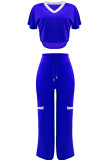Bleu élégant bloc de couleur patchwork cordon de serrage col en V manches courtes deux pièces