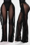 Noir Sexy solide Patchwork maille transparente lisière filandreuse taille haute ample jambe large couleur unie bas