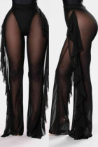 Schwarze, sexy, solide Patchwork-Hose mit durchsichtigem Netzstoff, fadenförmige Selvedge, lockere, einfarbige Hose mit hoher Taille und weitem Bein