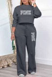Dark Gray Casual Print Letter O Neck Long Sleeve Two Pieces