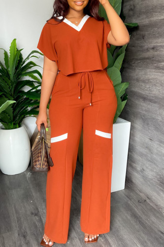 Tangerine Red Elegant Color Block Patchwork Draw String V Neck Short Sleeve Two Pieces