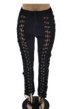 Black Street Solid Hollowed Out Patchwork Draw String Cross Straps Skinny Mid Waist Pencil Solid Color Bottoms