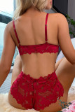 Patchwork évidé en dentelle solide sexy rouge avec lingerie à nœud