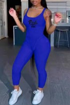 Blauwe casual jumpsuit met letter U-hals en print
