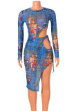 White Sexy Print Bandage Hollowed Out Patchwork O Neck Long Sleeve Two Pieces