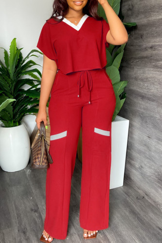 Red Elegant Color Block Patchwork Draw String V Neck Short Sleeve Two Pieces