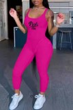 Rose Red Casual Print Letter U Neck Jumpsuits
