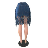 Deep Blue Street Solid Patchwork Pocket Buttons Zipper Mid Waist Regular Tassel Denim Mini Skirts
