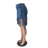 Темно-синие уличные однотонные джинсовые юбки с кисточками в стиле пэчворк, карманами, пуговицами, застежкой-молнией со средней талией и обычными джинсовыми юбками