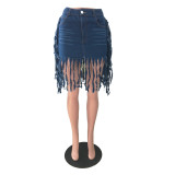 Deep Blue Street Solid Patchwork Pocket Buttons Zipper Mid Waist Regular Tassel Denim Mini Skirts