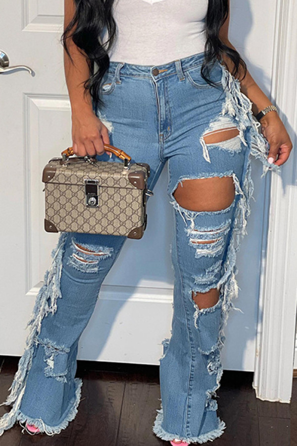Blue Casual Solid Ripped Patchwork Pocket Buttons Zipper High Waist Straight Distressed Ripped Denim Jeans