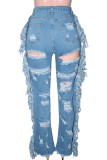 Blue Casual Solid Ripped Patchwork Pocket Buttons Zipper High Waist Straight Distressed Ripped Denim Jeans