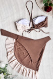 Coffee Sportswear Color Block Patchwork Draw String Frenulum Flounce 3 Piece Sets(With Paddings)