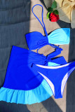 Blaue Sportbekleidung, Farbblock-Patchwork-Kordelzug, Frenulum-Volant, 3-teiliges Set (mit Polsterung)