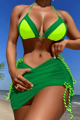 Green Sexy Patchwork Frenulum Backless Contrast Swimsuit Three Piece Set (With Paddings)