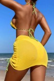 Costume da bagno a tre pezzi con frenulo patchwork giallo sexy senza schienale a contrasto (con imbottitura)