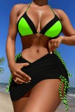 Yellow Sexy Patchwork Frenulum Backless Contrast Swimsuit Three Piece Set (With Paddings)