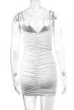 ブラック セクシー カジュアル ソリッド パッチワーク バックレス フォールド V ネック スリング ドレス ドレス