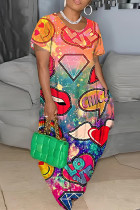 Разноцветное повседневное платье с принтом, базовое платье с коротким рукавом и круглым вырезом, платья больших размеров