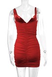 Rotes, sexy, lässiges, solides Patchwork-Kleid mit rückenfreiem Falten-V-Ausschnitt und Sling-Kleid