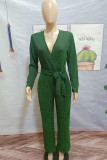 Green Casual Solid Patchwork V Neck Skinny Jumpsuits